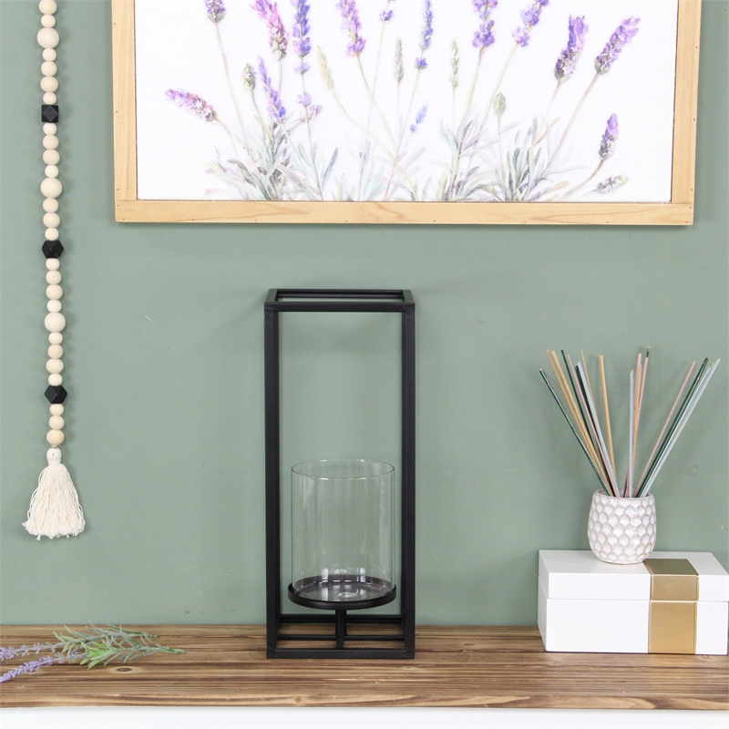Pemberly Row Square Black Metal and Glass Panel Lantern Large Size