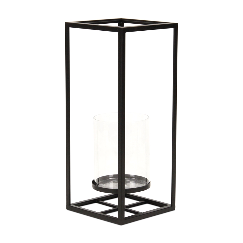 Pemberly Row Square Black Metal and Glass Panel Lantern Large Size