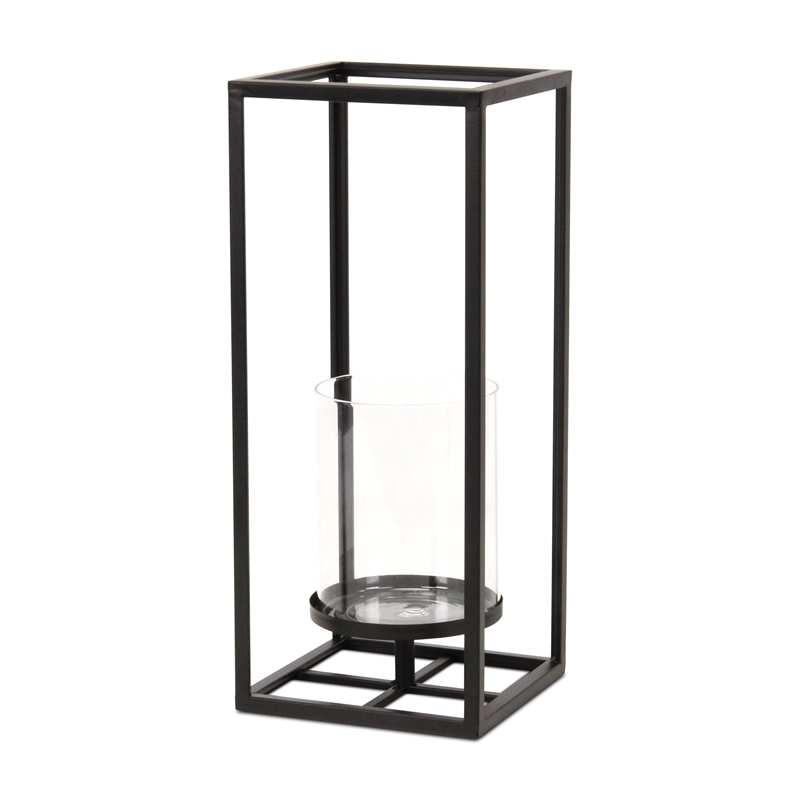Pemberly Row Square Black Metal and Glass Panel Lantern Large Size