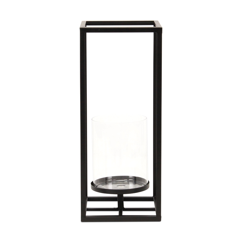 Pemberly Row Square Black Metal and Glass Panel Lantern Large Size