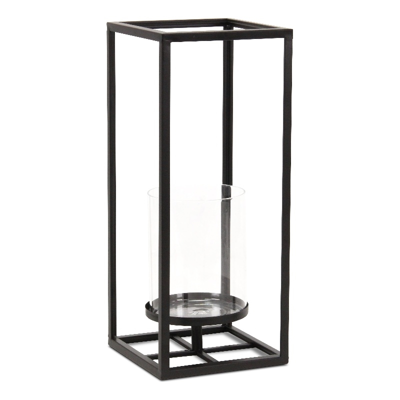Pemberly Row Square Black Metal and Glass Panel Lantern Large Size