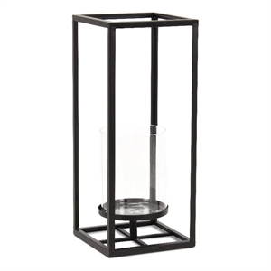 Pemberly Row Square Black Metal and Glass Panel Lantern Large Size