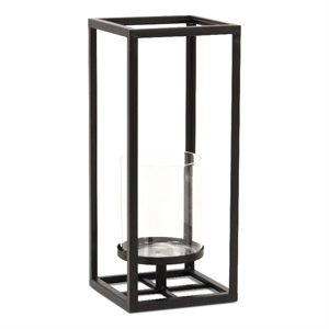 Pemberly Row Square Black Metal and Glass Panel Lantern Small Size