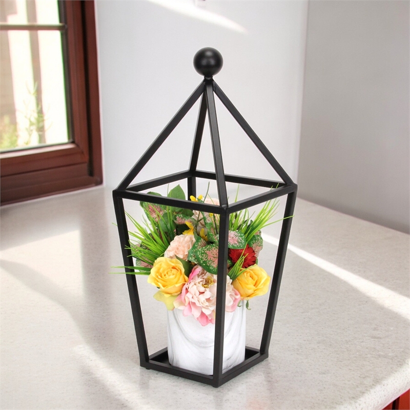 Pemberly Row Pyramid Top Metal Glass Lantern with Handle in Black