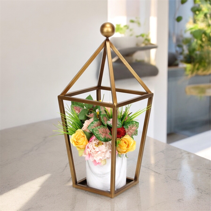 Pemberly Row Pyramid Top Metal Glass Lantern with Handle in Gold