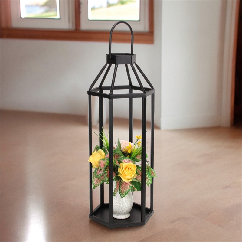 Pemberly Row Hexagon Metal and Glass Lantern with Handle in Black