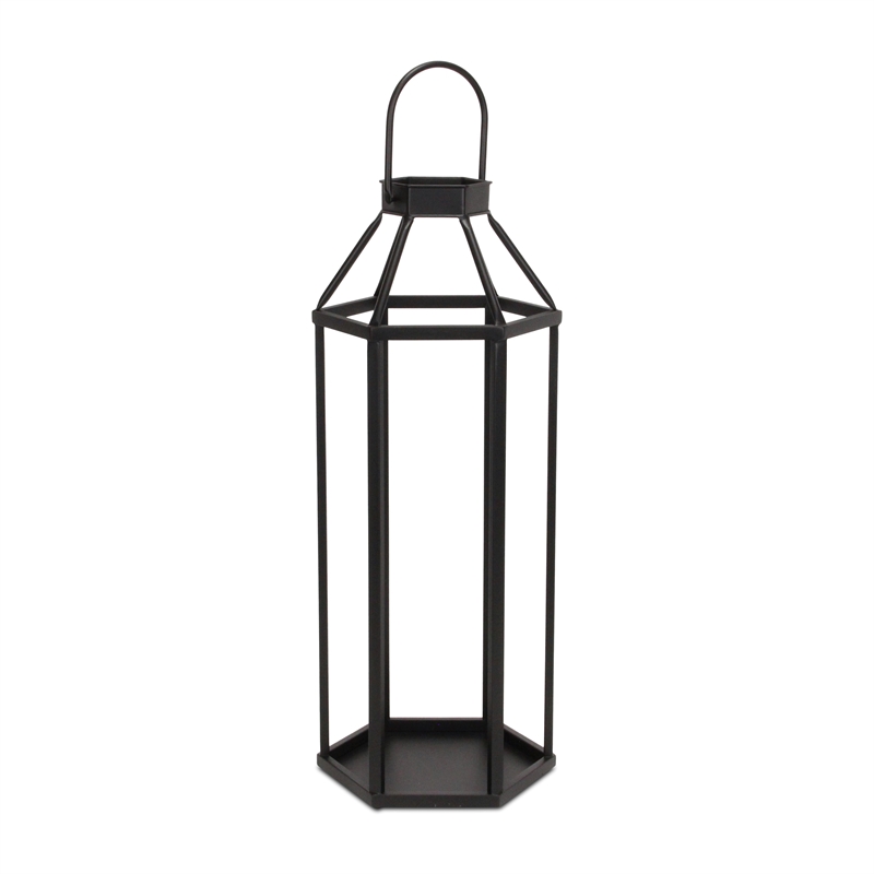Pemberly Row Hexagon Metal and Glass Lantern with Handle in Black