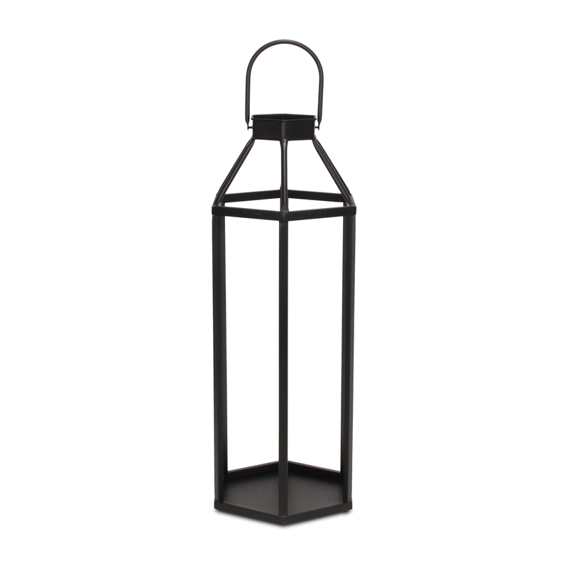 Pemberly Row Hexagon Metal and Glass Lantern with Handle in Black