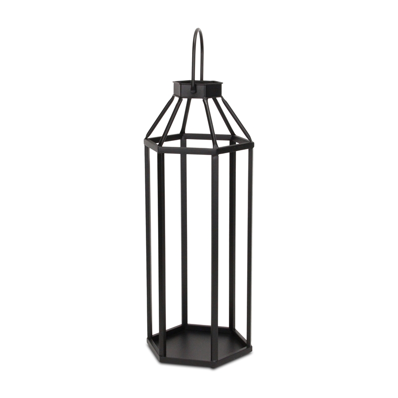 Pemberly Row Hexagon Metal and Glass Lantern with Handle in Black
