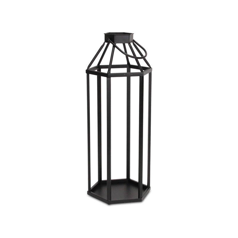 Pemberly Row Hexagon Metal and Glass Lantern with Handle in Black