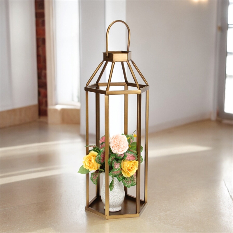 Pemberly Row Hexagon Metal and Glass Lantern with Handle in Gold