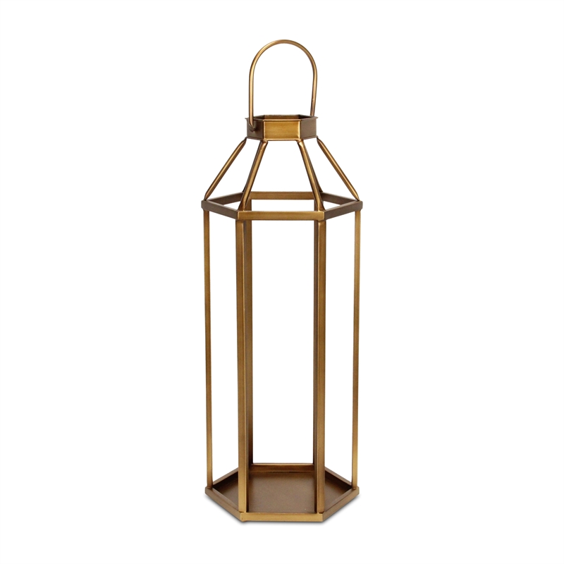 Pemberly Row Hexagon Metal and Glass Lantern with Handle in Gold