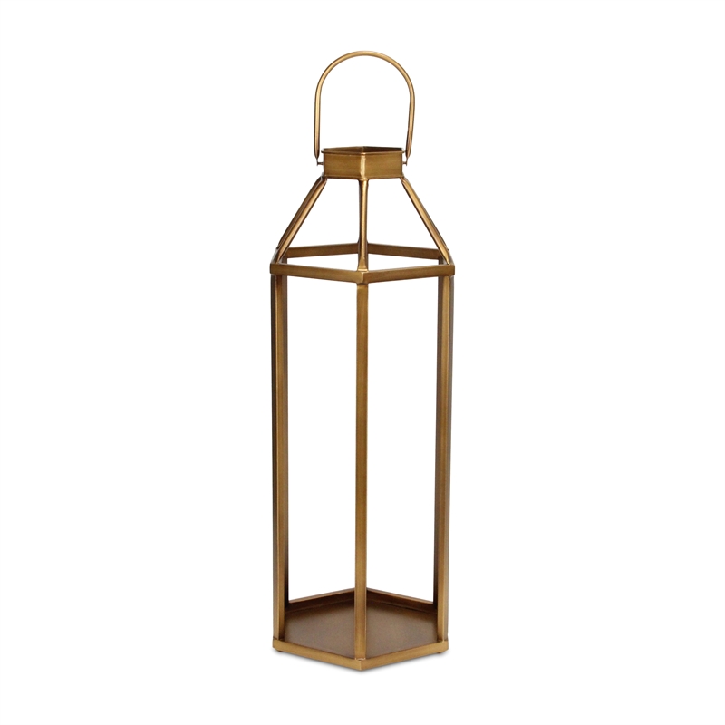 Pemberly Row Hexagon Metal and Glass Lantern with Handle in Gold
