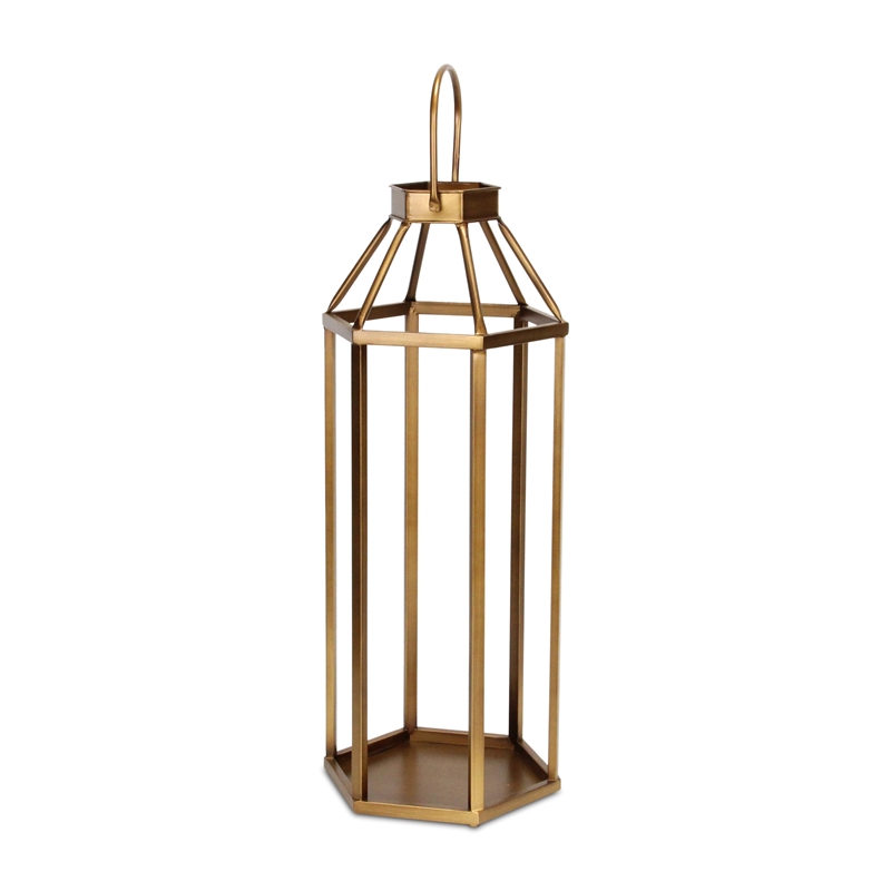 Pemberly Row Hexagon Metal and Glass Lantern with Handle in Gold