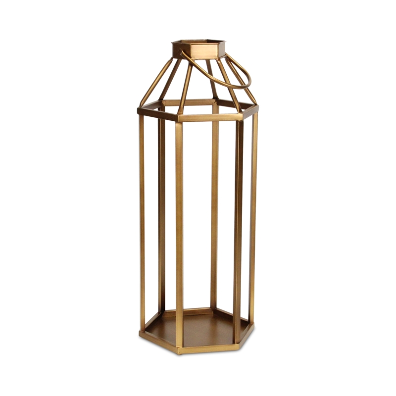 Pemberly Row Hexagon Metal and Glass Lantern with Handle in Gold