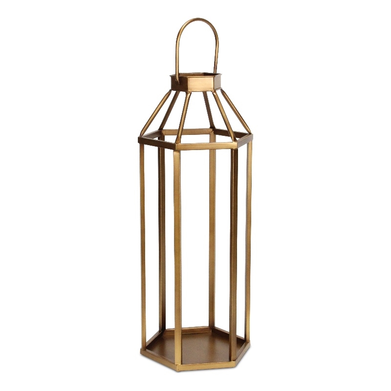 Pemberly Row Hexagon Metal and Glass Lantern with Handle in Gold