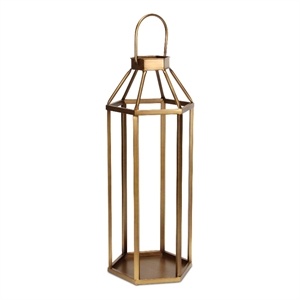 Pemberly Row Hexagon Metal and Glass Lantern with Handle in Gold