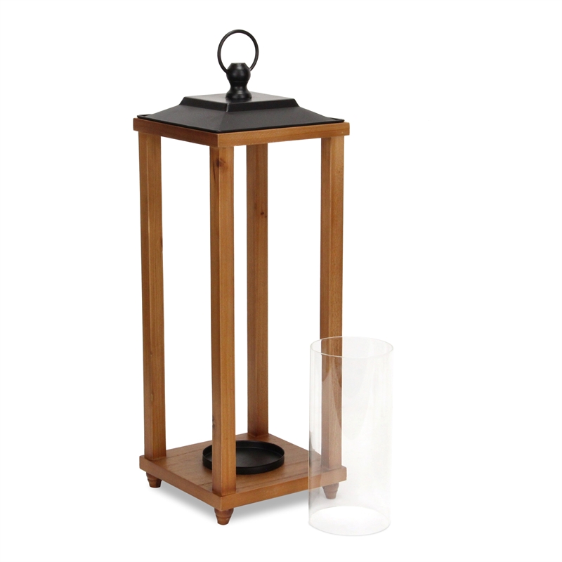 Pemberly Row Rustic Wood and Metal Open Side Candle Lantern Small