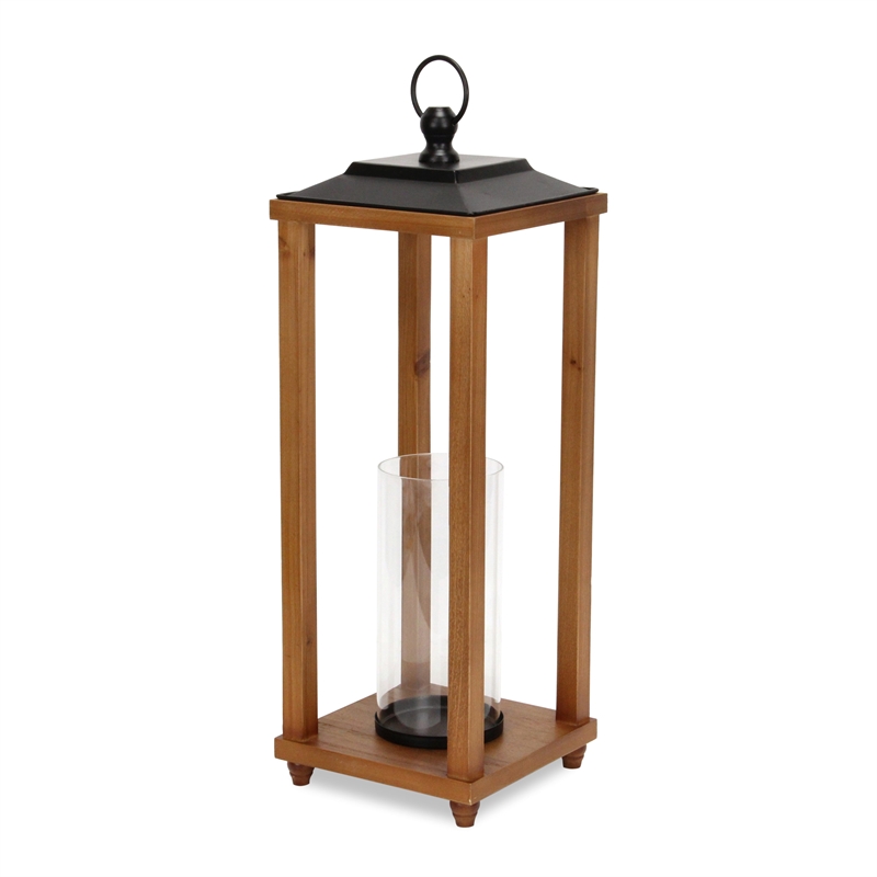 Pemberly Row Rustic Wood and Metal Open Side Candle Lantern Small