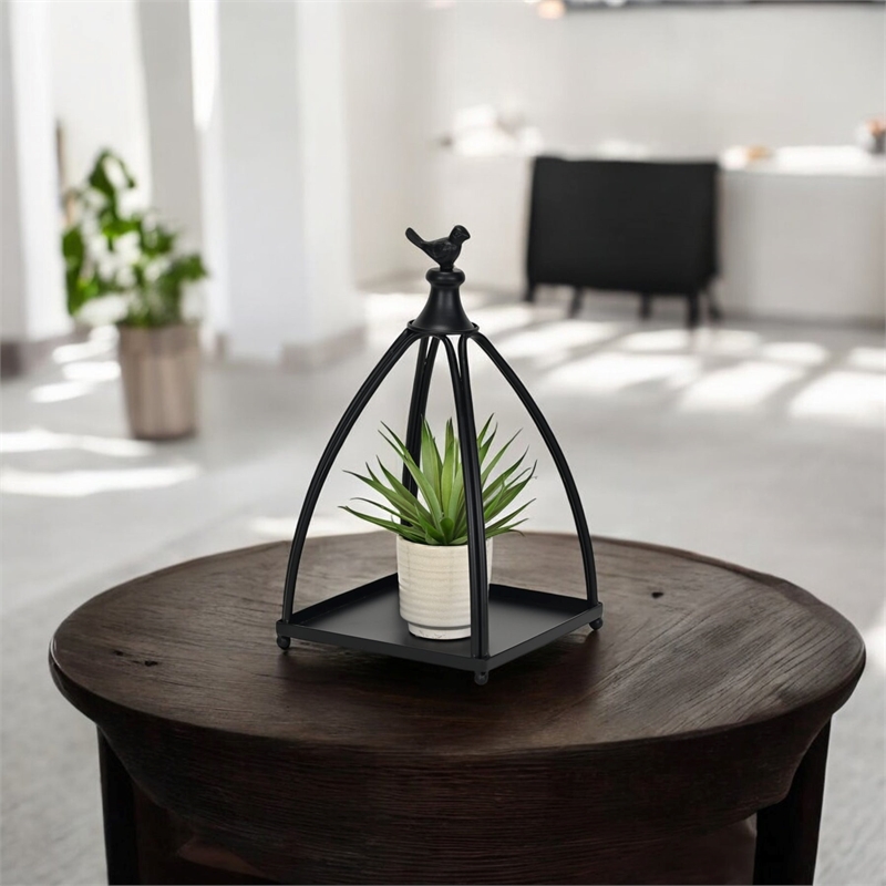 Pemberly Row Curved Mini Table Lantern with Bird Accent in Black