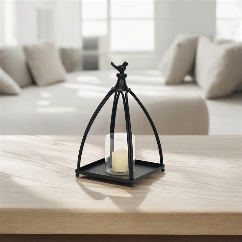 Pemberly Row Curved Mini Table Lantern with Bird Accent in Black