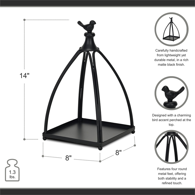 Pemberly Row Curved Mini Table Lantern with Bird Accent in Black