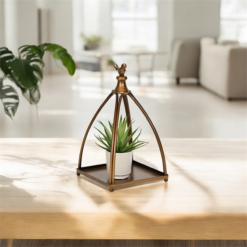 Pemberly Row Curved Mini Table Lantern with Bird Accent in Bronze