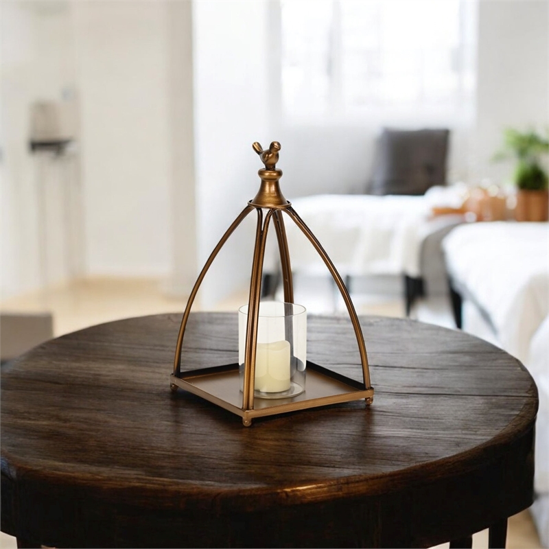 Pemberly Row Curved Mini Table Lantern with Bird Accent in Bronze