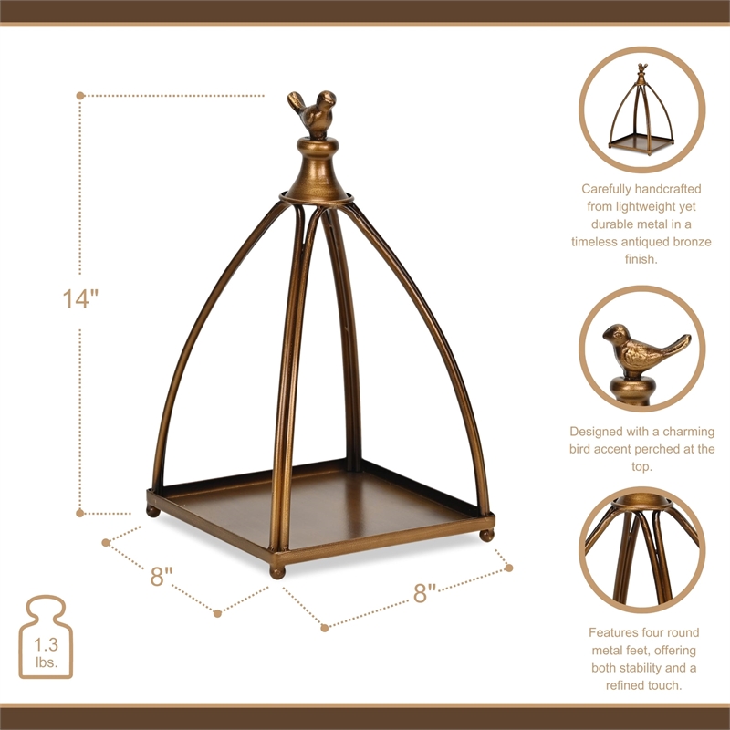 Pemberly Row Curved Mini Table Lantern with Bird Accent in Bronze