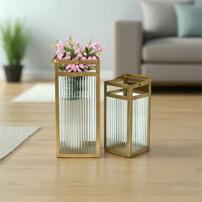 Pemberly Row Set of 2 Fluted Glass Lanterns 16