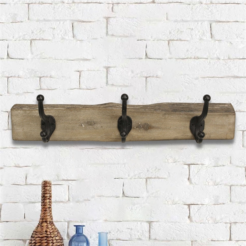 Pemberly Row Rustic Solid Wood 3 Hook Wall Organizer with Shelf