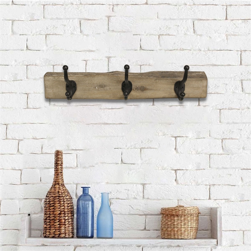 Pemberly Row Rustic Solid Wood 3 Hook Wall Organizer with Shelf
