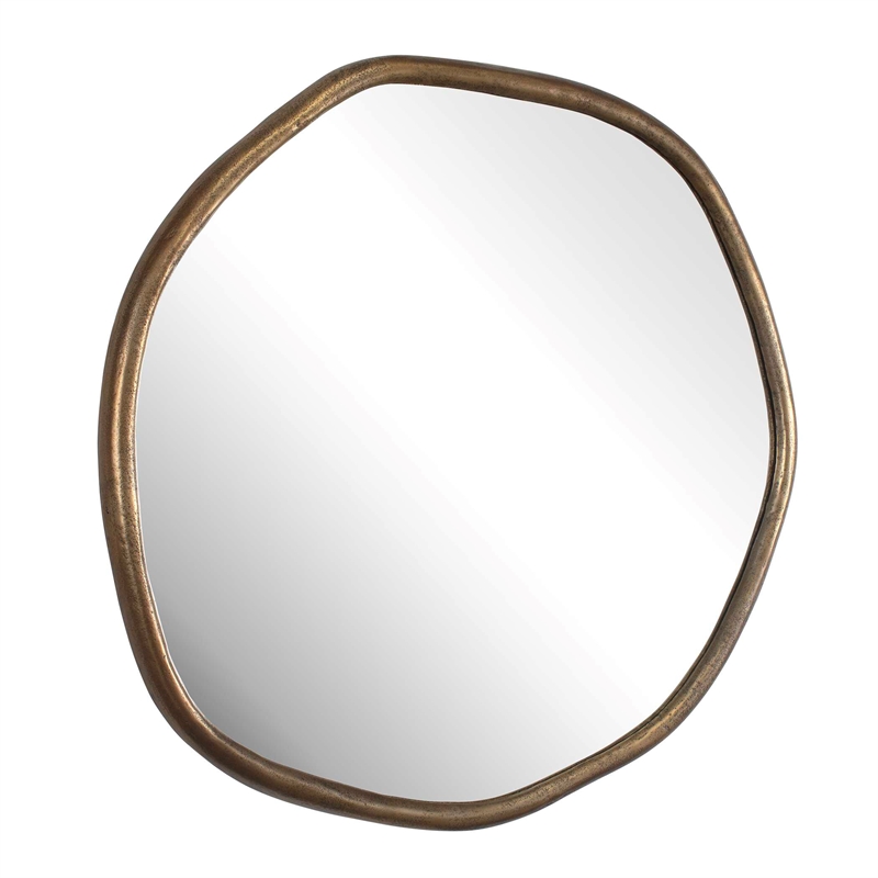 Pemberly Row Indoor/Outdoor Cast Iron Round Mirror in Antique Brass