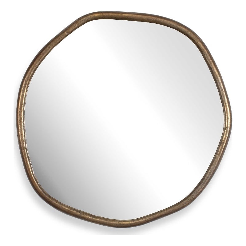 Pemberly Row Indoor/Outdoor Cast Iron Round Mirror in Antique Brass