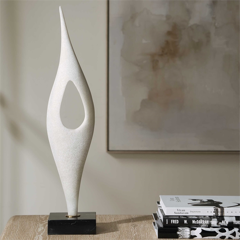 Pemberly Row Handcrafted White Stone Sculpture on Black Iron Base