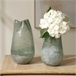Pemberly Row Aqua Seeded Glass Vases with Aged Metal in Blue (Set of 2)