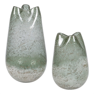 Pemberly Row Aqua Seeded Glass Vases with Aged Metal in Blue (Set of 2)