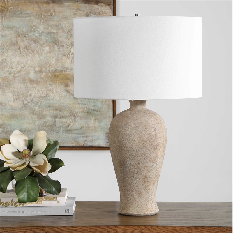 Pemberly Row Textured Glazed Ceramic Table Lamp with Linen Shade in Brown