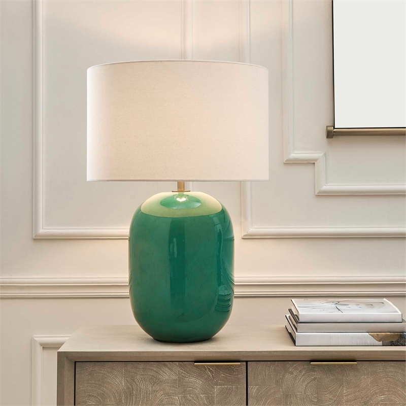 Pemberly Row Art Glass Table Lamp with Linen Shade in Deep Teal