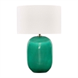 Pemberly Row Art Glass Table Lamp with Linen Shade in Deep Teal