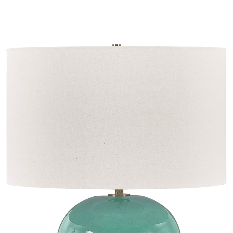 Pemberly Row Art Glass Table Lamp with Linen Shade in Deep Teal