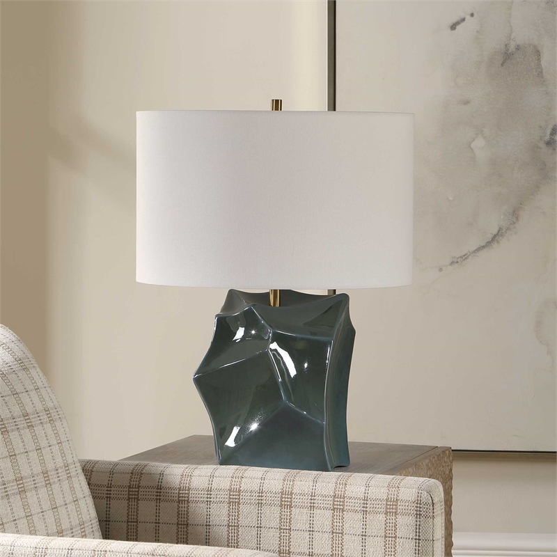 Pemberly Row Smoky Blue Ceramic Table Lamp with Bronze Metallic Accents
