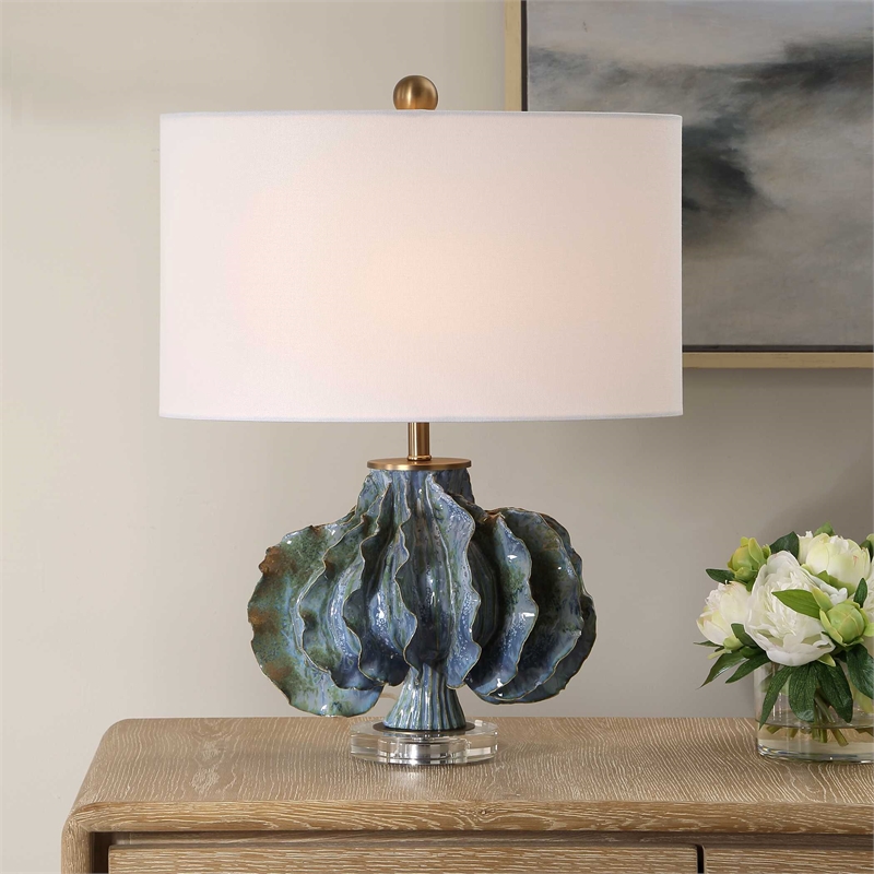 Pemberly Row Glazed Ceramic Table Lamp with Linen Shade in Blue/Green Hues