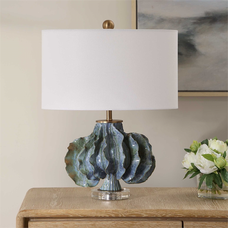 Pemberly Row Glazed Ceramic Table Lamp with Linen Shade in Blue/Green Hues
