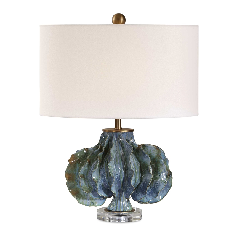 Pemberly Row Glazed Ceramic Table Lamp with Linen Shade in Blue/Green Hues