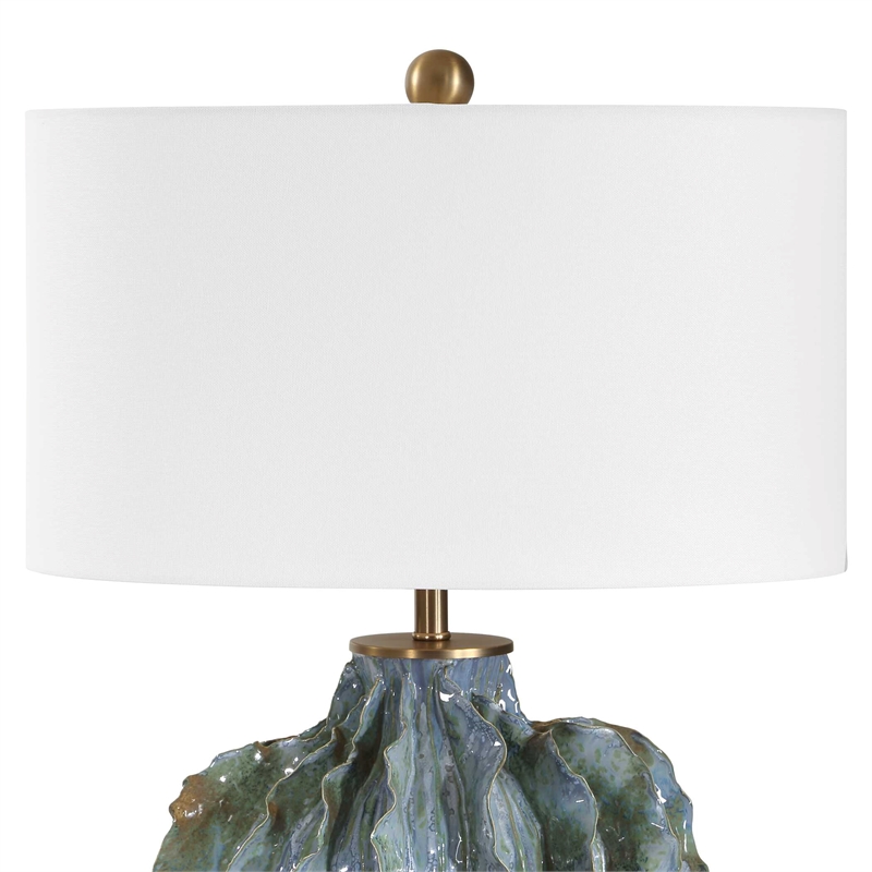 Pemberly Row Glazed Ceramic Table Lamp with Linen Shade in Blue/Green Hues