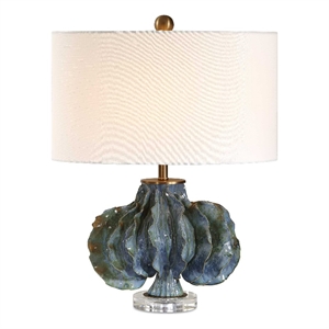 Pemberly Row Glazed Ceramic Table Lamp with Linen Shade in Blue/Green Hues