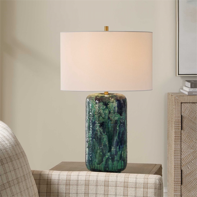 Pemberly Row Cobalt Glazed Ceramic Table Lamp with Linen Shade in Blue