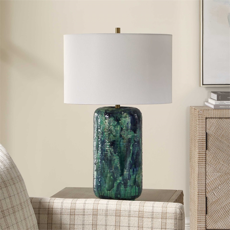 Pemberly Row Cobalt Glazed Ceramic Table Lamp with Linen Shade in Blue
