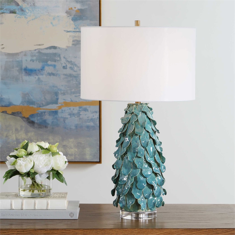 Pemberly Row Art Glass Table Lamp with Linen Shade in Teal Blue